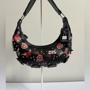 Ed Hardy Black Shoulder Bag with Red Rose & Heart Print